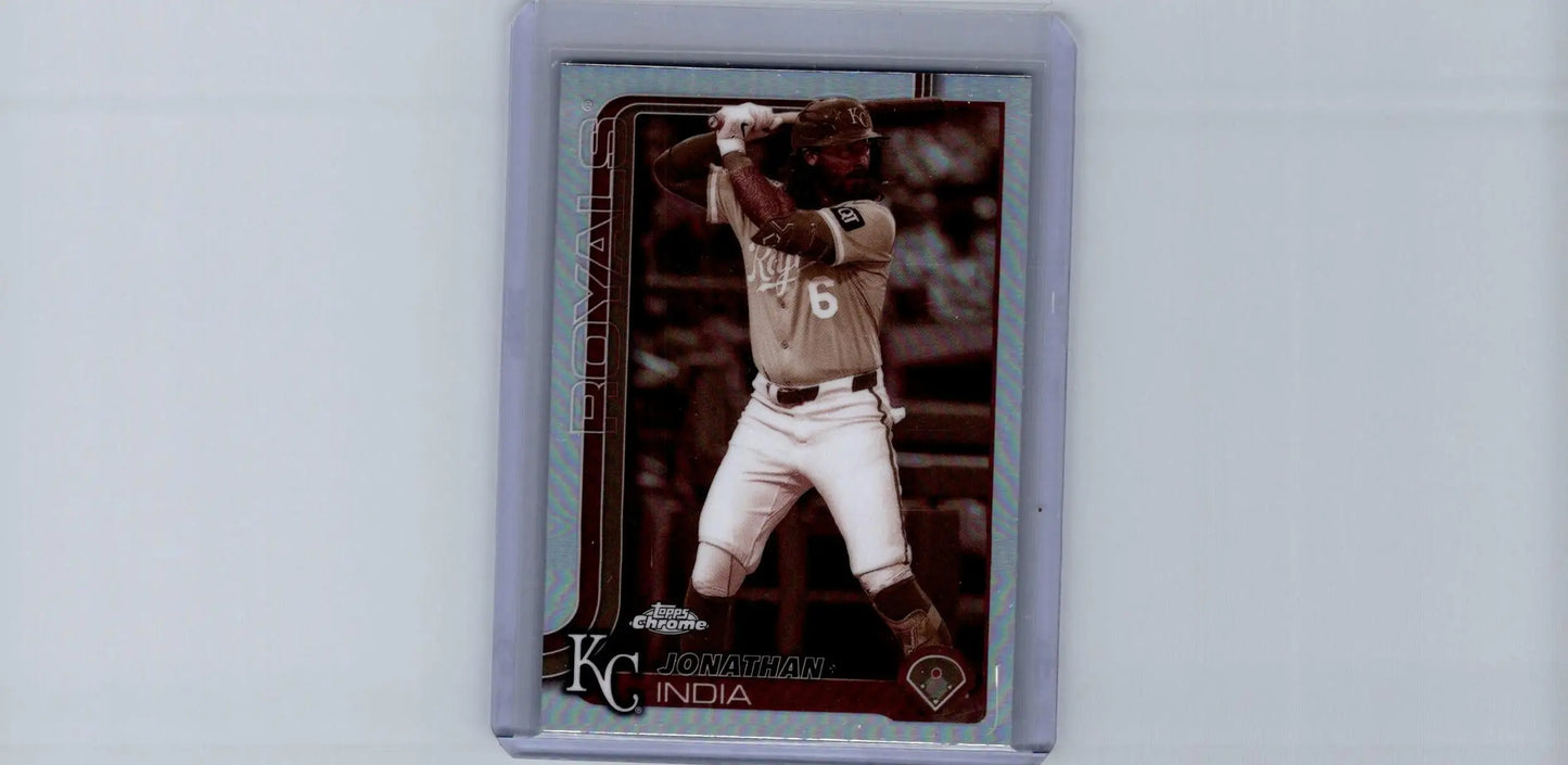 Baseball trading card featuring Jonathan India in batting stance from 2025 Topps Chrome India Sepia Refractors