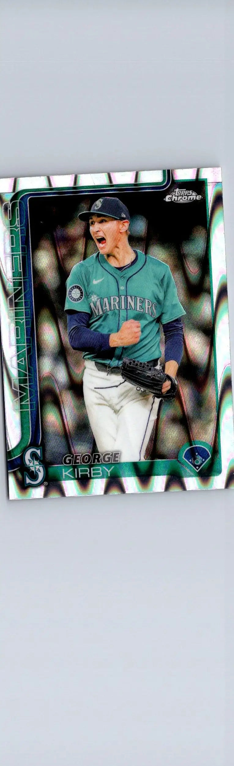 Baseball trading card featuring George Kirby in teal Mariners jersey, Kirby Raywave Refractors