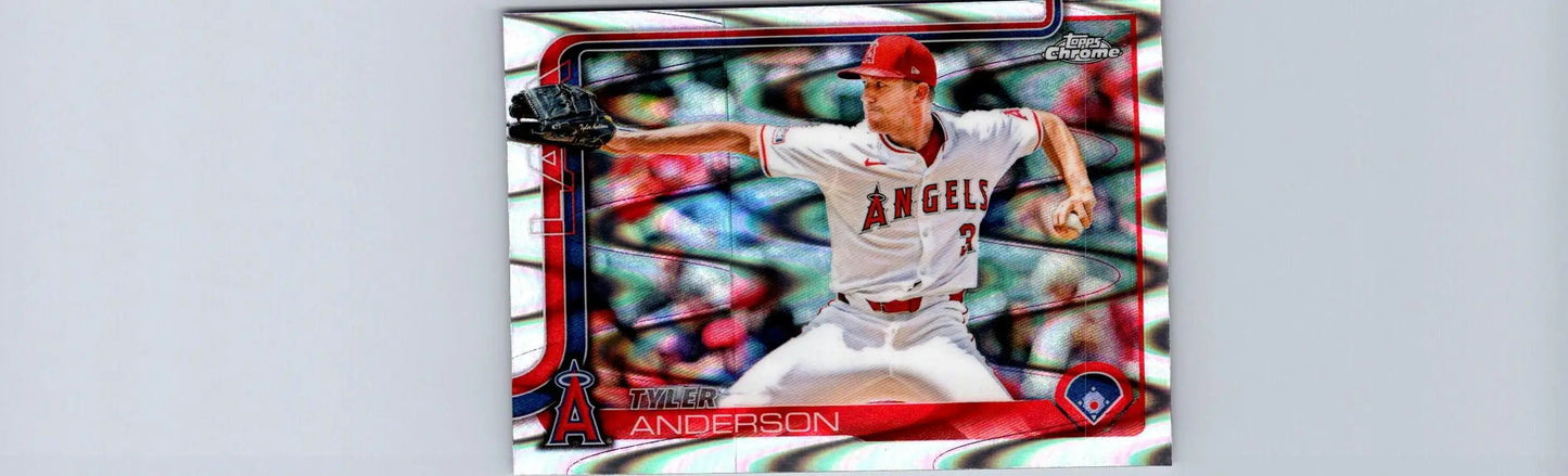 Baseball trading card featuring Tyler Anderson in Angels uniform from 2025 Topps Chrome Raywave Refractors