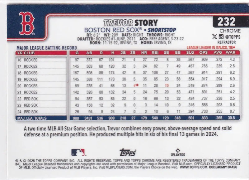 2025 TOPPS CHROME #232 TREVOR STORY REFRACTOR- BOSTON RED SOX - Baseball Card Single