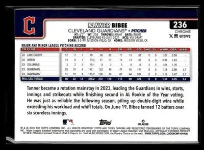 2025 Topps Chrome #236 Tanner Bibee Prism Refractors - Baseball Card Single