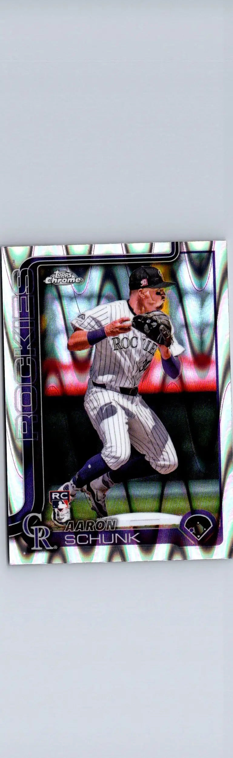 Baseball trading card of Aaron Schunk in Rockies uniform, 2025 Topps Chrome Schunk Raywave Refractors