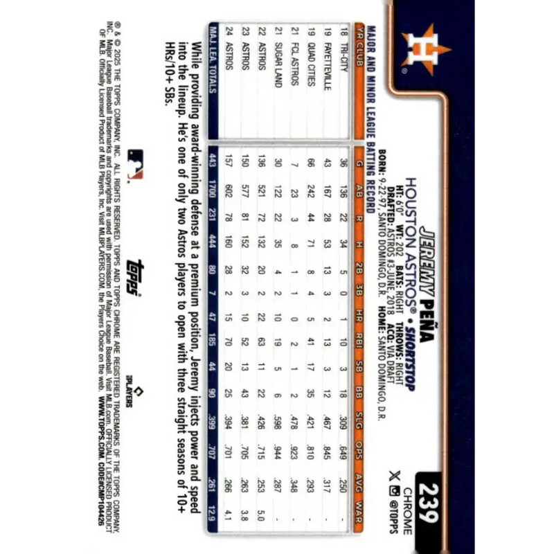 2025 topps Chrome #239 Jeremy Pena NM-MT Houston Astros Baseball Card - Baseball Card Single