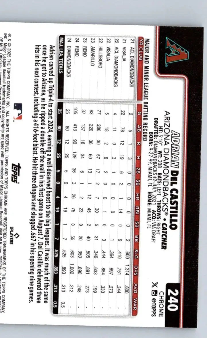 Baseball trading card featuring Adrian Del Castillo from 2025 Topps Chrome Raywave Refractors