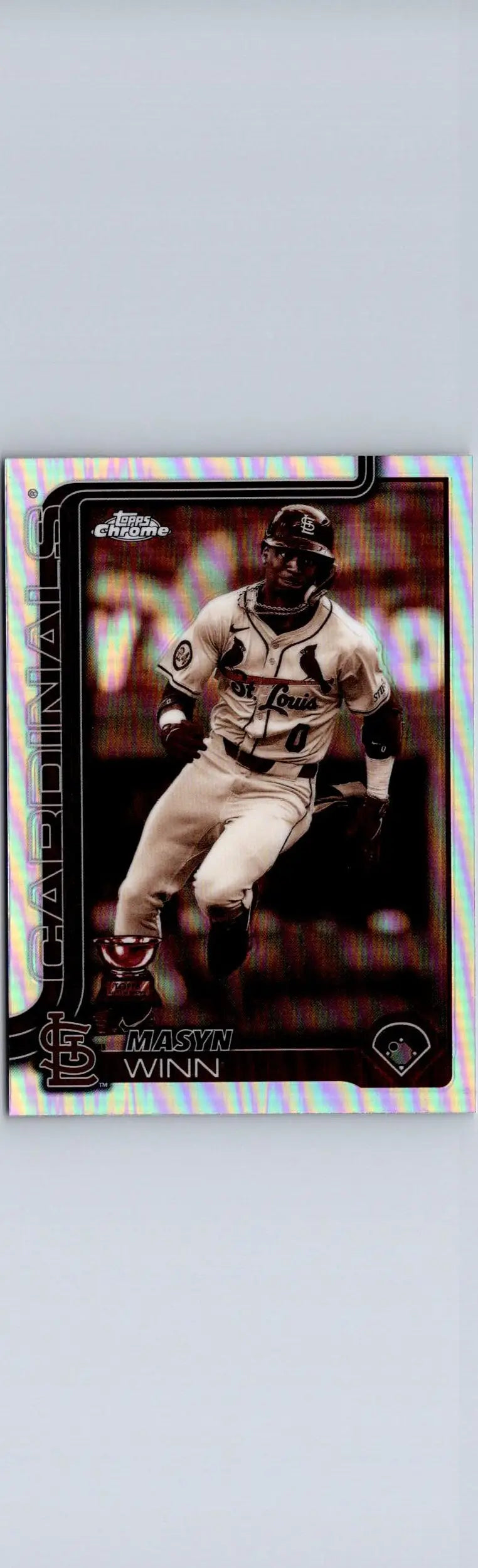 Baseball trading card featuring Masyn Winn in St. Louis Cardinals uniform, 2025 Topps Chrome Winn Sepia Refractors