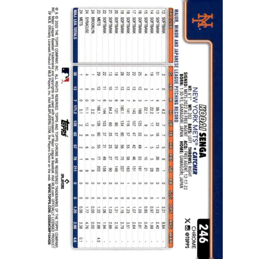 2025 topps Chrome #246 Kodai Senga NM-MT New York Mets Baseball Card - Baseball Card Single