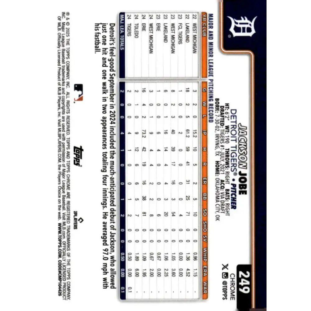 2025 topps Chrome #249 Jackson Jobe NM-MT RC Rookie Detroit Tigers Baseball Card - Baseball Card Single