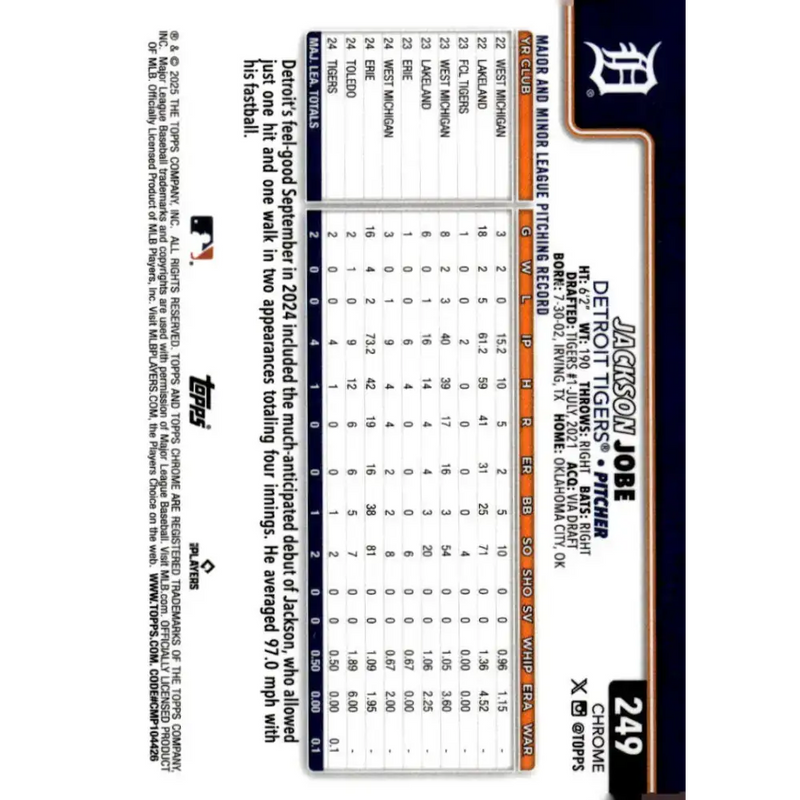 2025 topps Chrome #249 Jackson Jobe NM-MT RC Rookie Detroit Tigers Baseball Card - Baseball Card Single