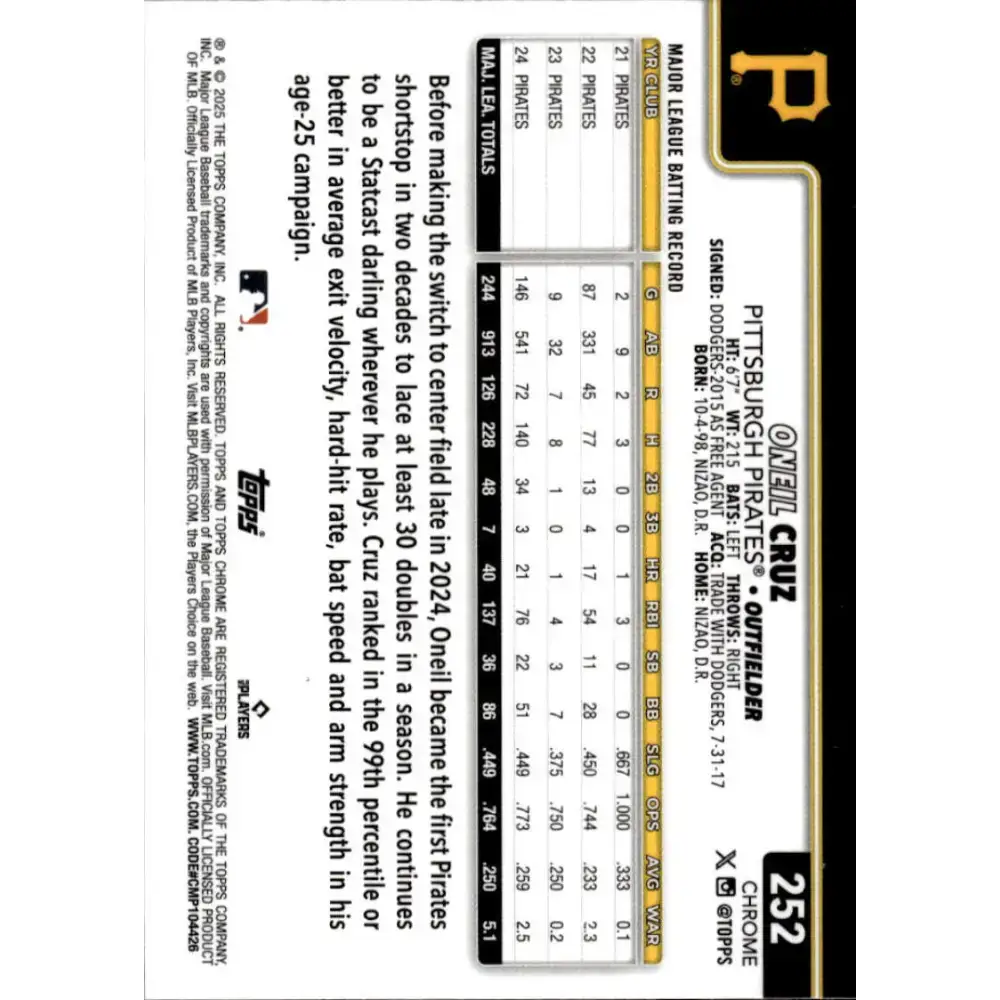 2025 topps Chrome #252 Oneil Cruz NM-MT Pittsburgh Pirates Baseball Card - Baseball Card Single