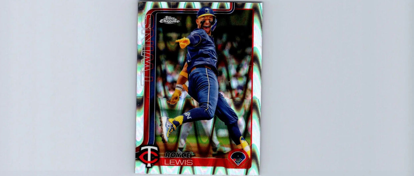 Baseball trading card featuring Royce Lewis in a blue uniform from 2025 Topps Chrome Raywave Refractors