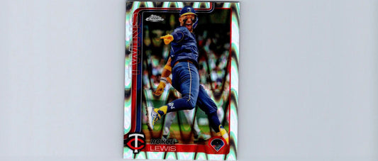 Baseball trading card featuring Royce Lewis in a blue uniform from 2025 Topps Chrome Raywave Refractors