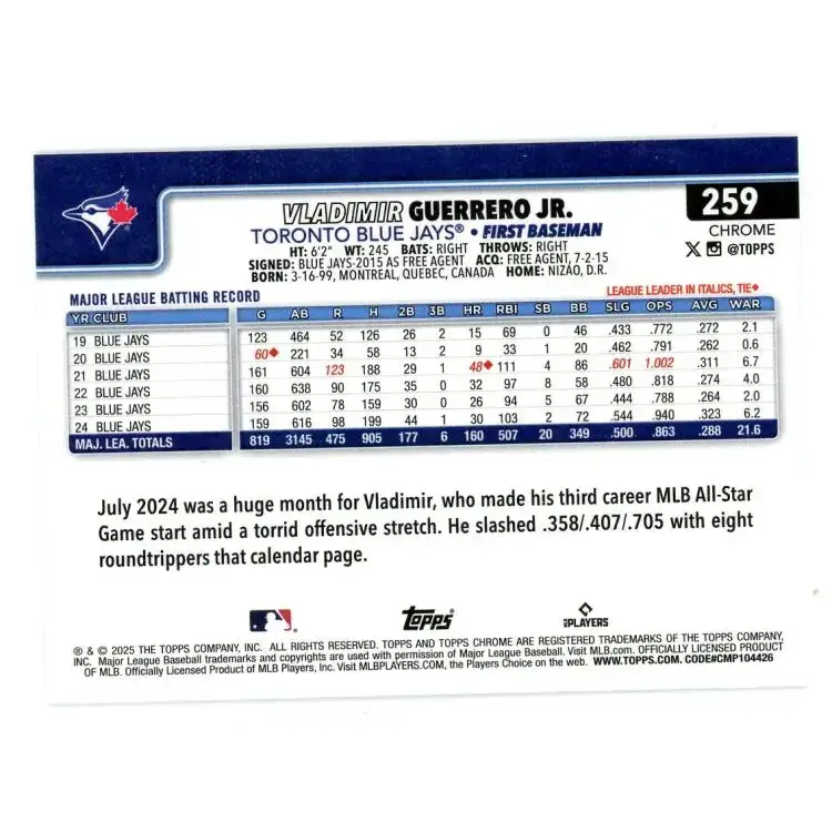 2025 topps Chrome #259 Vladimir Guerrero Jr. NM-MT Toronto Blue Jays Baseball Card - Baseball Card Single