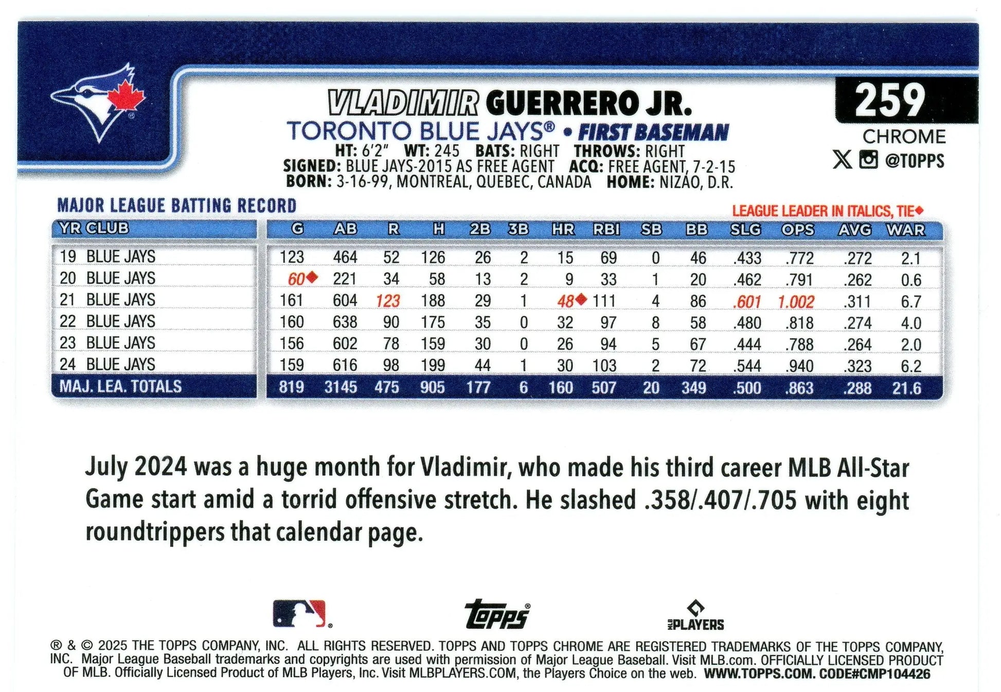 2025 Topps Chrome #259 Vladimir Guerrero Jr Toronto Blue Jays