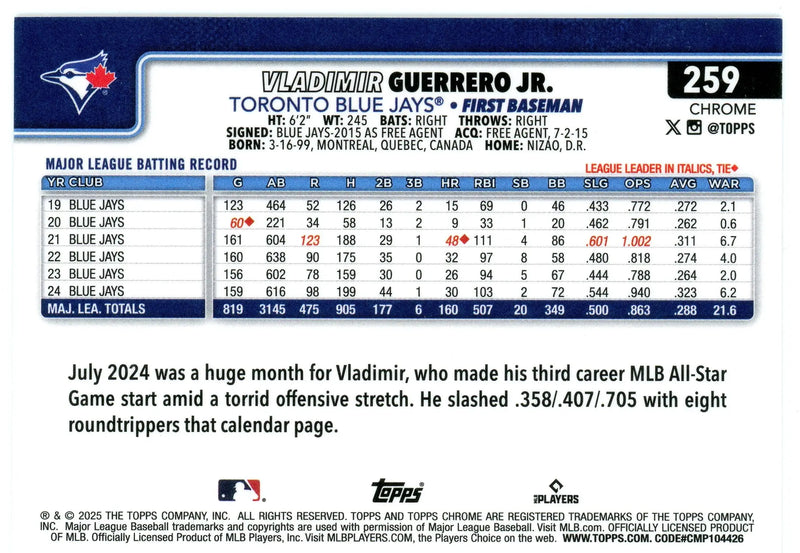 2025 Topps Chrome #259 Vladimir Guerrero Jr Toronto Blue Jays