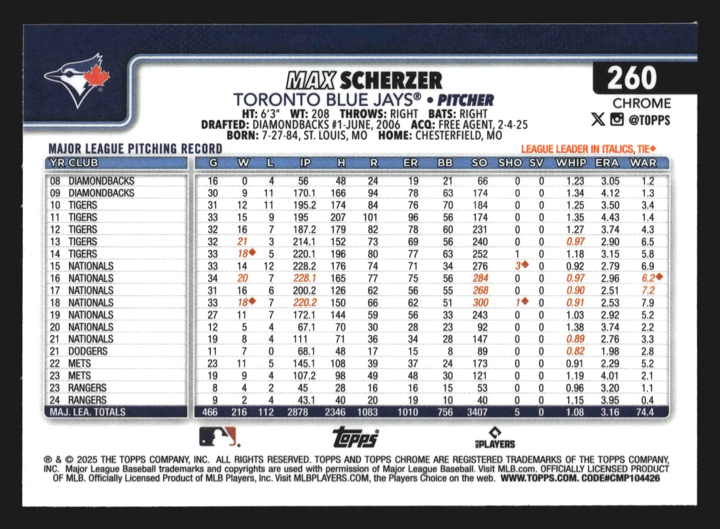 2025 Topps Chrome #260 Max Scherzer Toronto Blue Jays