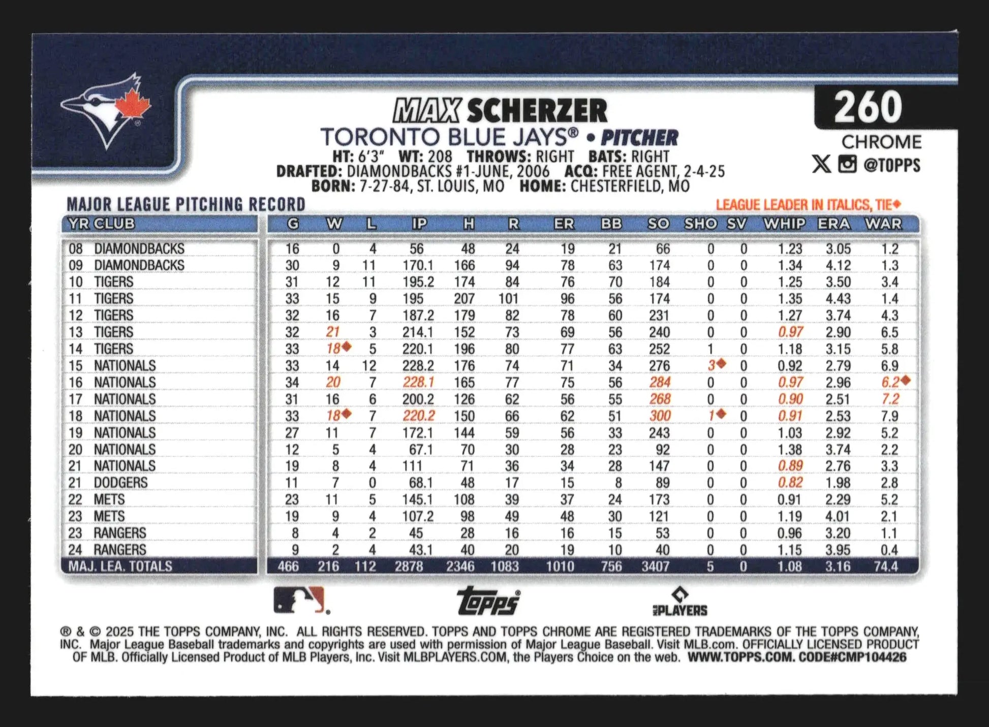 2025 Topps Chrome #260 Max Scherzer Toronto Blue Jays