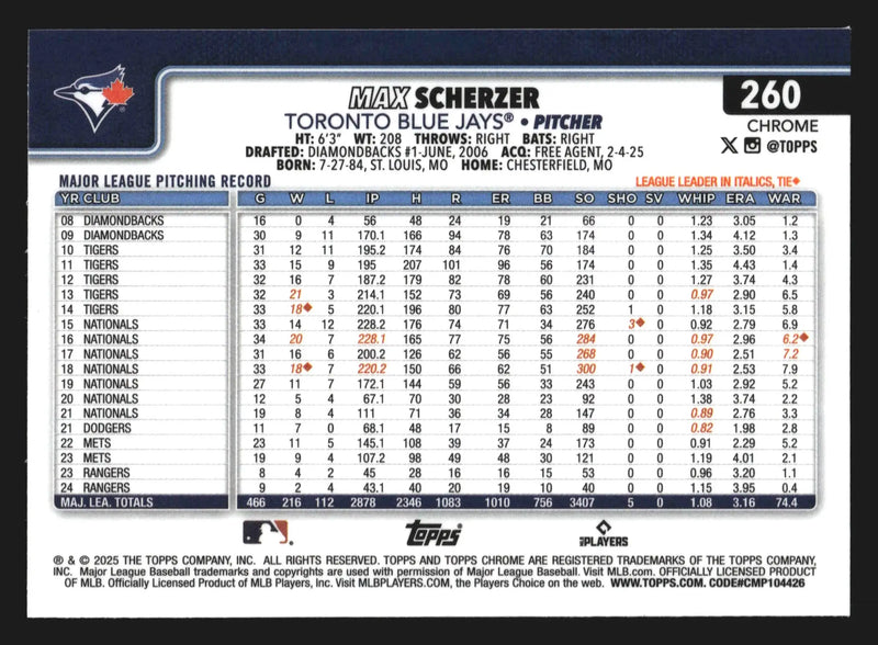 2025 Topps Chrome #260 Max Scherzer Toronto Blue Jays