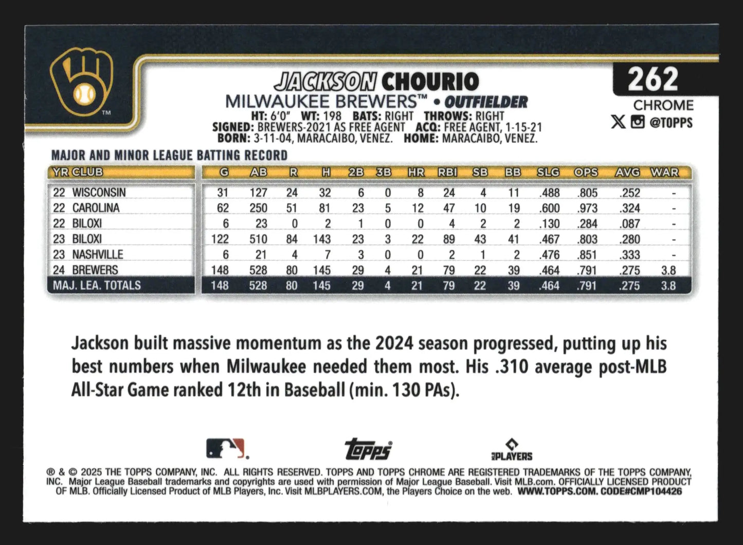 2025 Topps Chrome #262 Jackson Chourio Milwaukee Brewers - Baseball Card Single