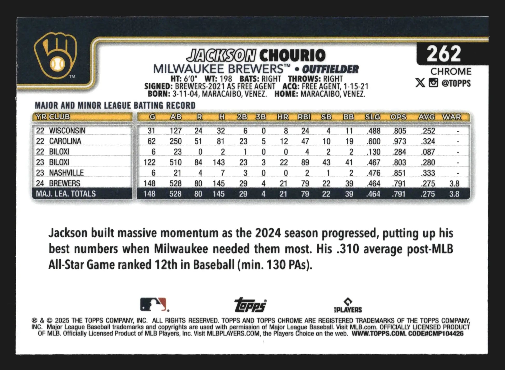 2025 Topps Chrome #262 Jackson Chourio Milwaukee Brewers - Baseball Card Single