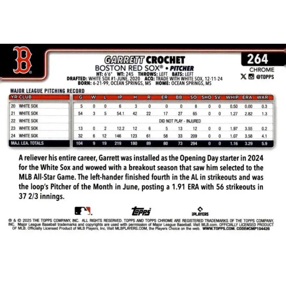 2025 topps Chrome #264 Garrett Crochet NM-MT Boston Red Sox Baseball Card - Baseball Card Single