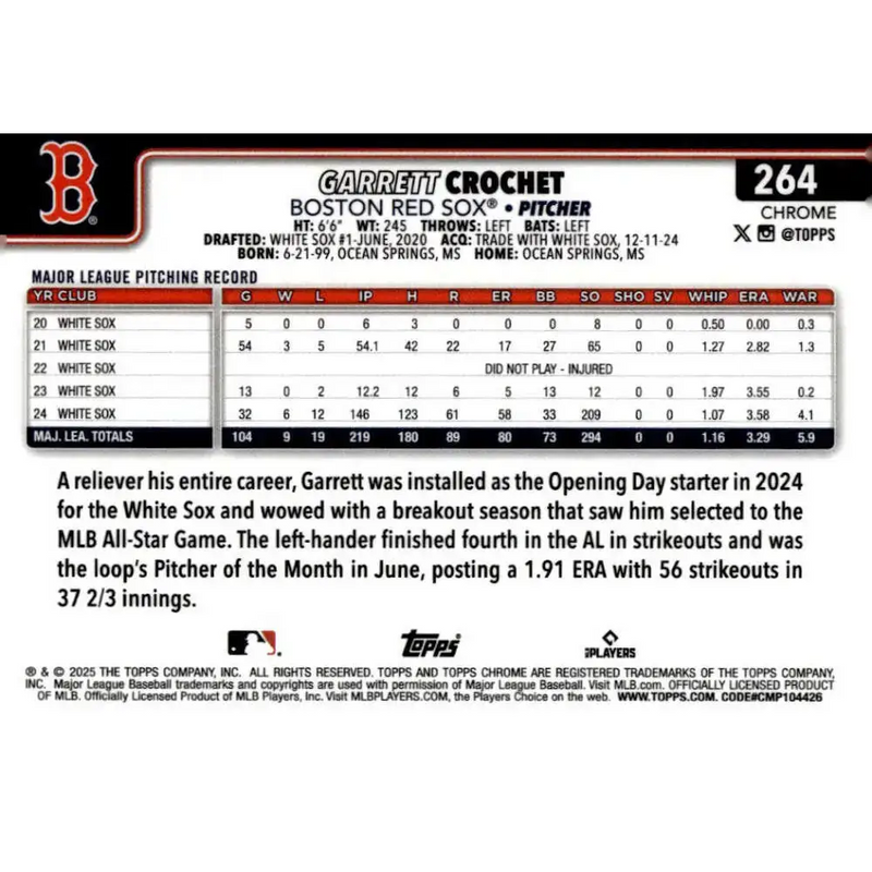 2025 topps Chrome #264 Garrett Crochet NM-MT Boston Red Sox Baseball Card - Baseball Card Single