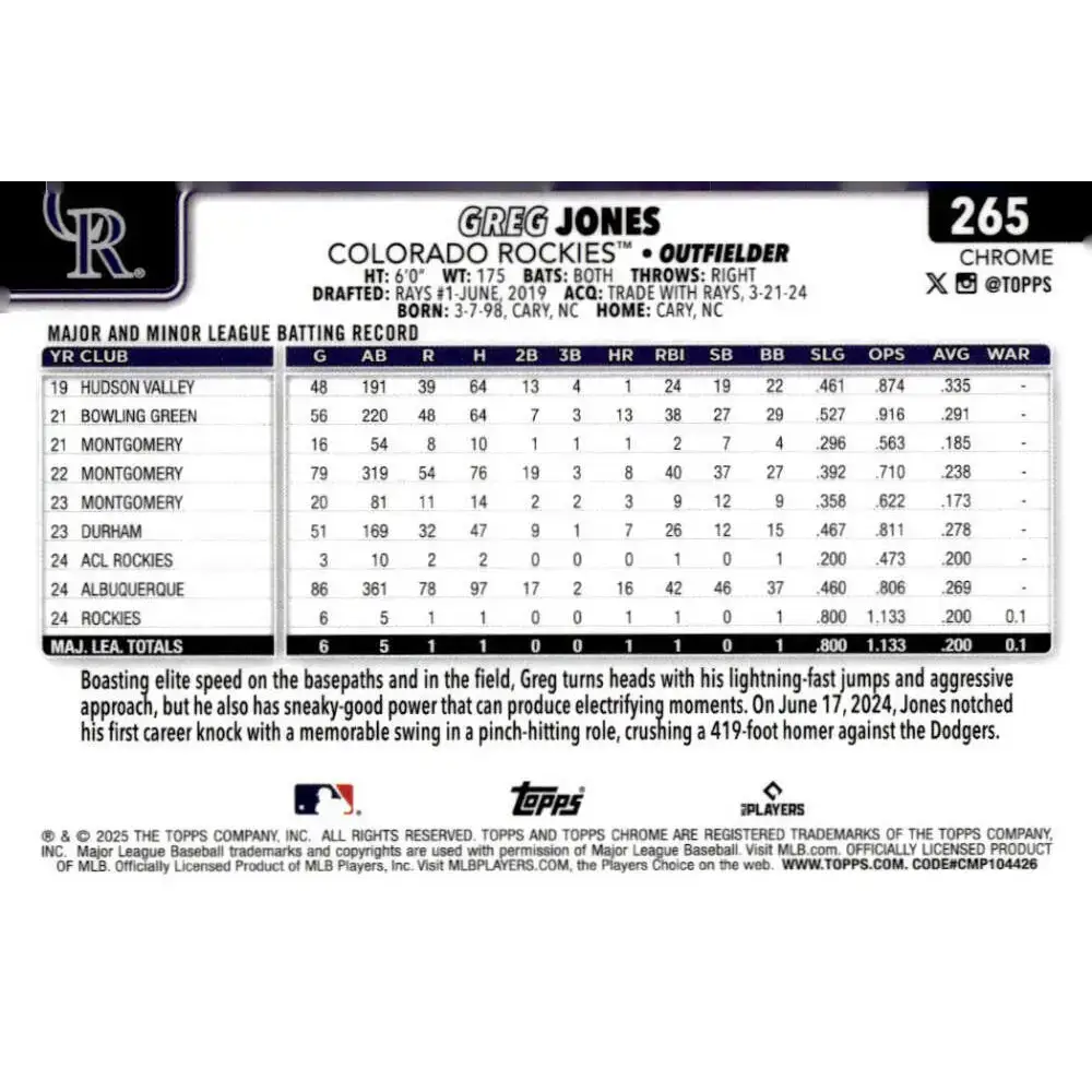 2025 topps Chrome #265 Greg Jones NM-MT RC Rookie Colorado Rockies Baseball Card - Baseball Card Single