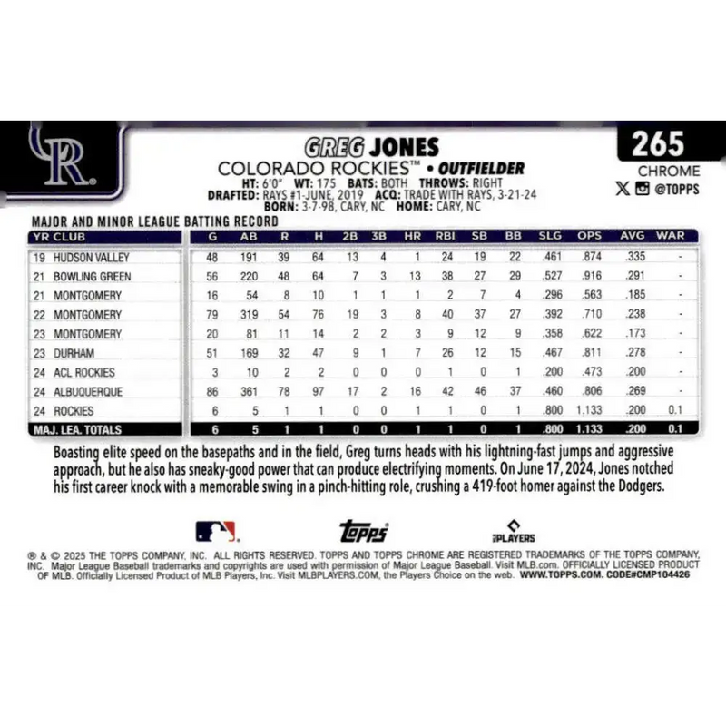 2025 topps Chrome #265 Greg Jones NM-MT RC Rookie Colorado Rockies Baseball Card - Baseball Card Single