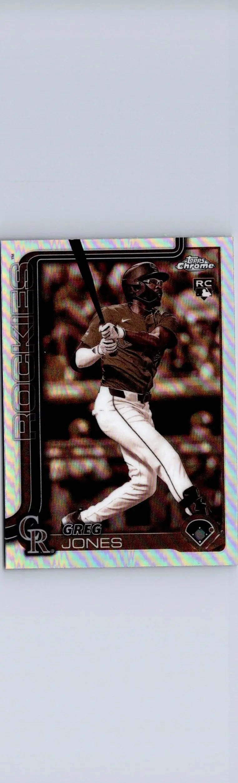Baseball trading card featuring Greg Jones in batting stance from 2025 Topps Chrome Jones Sepia Refractors