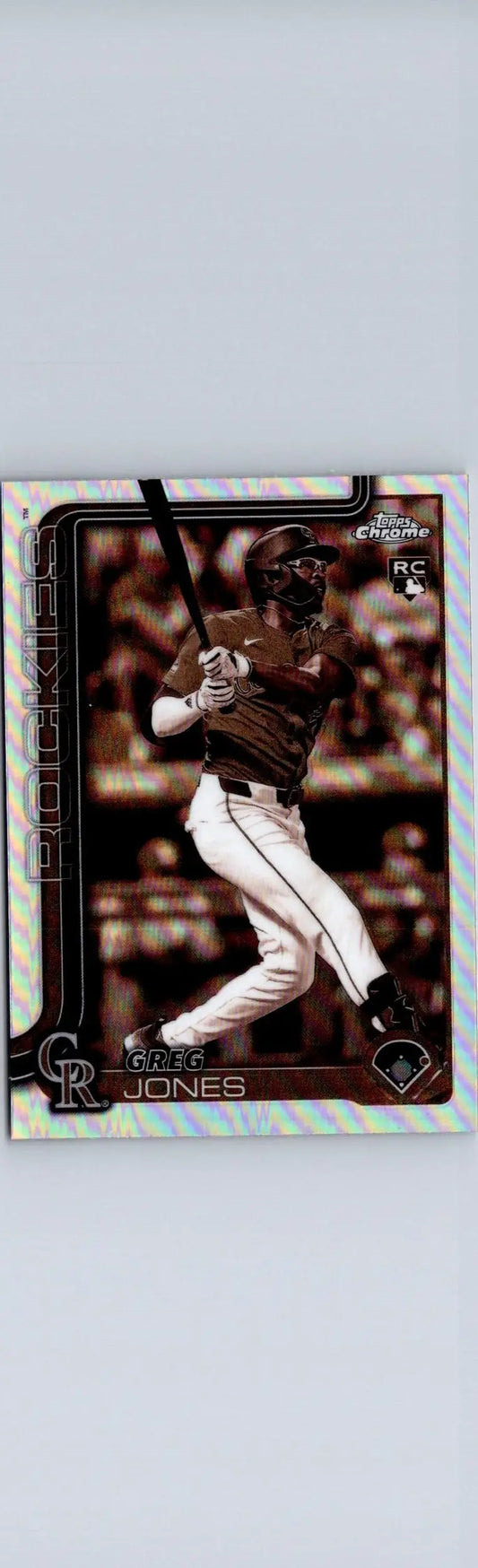 Baseball trading card featuring Greg Jones in batting stance from 2025 Topps Chrome Jones Sepia Refractors