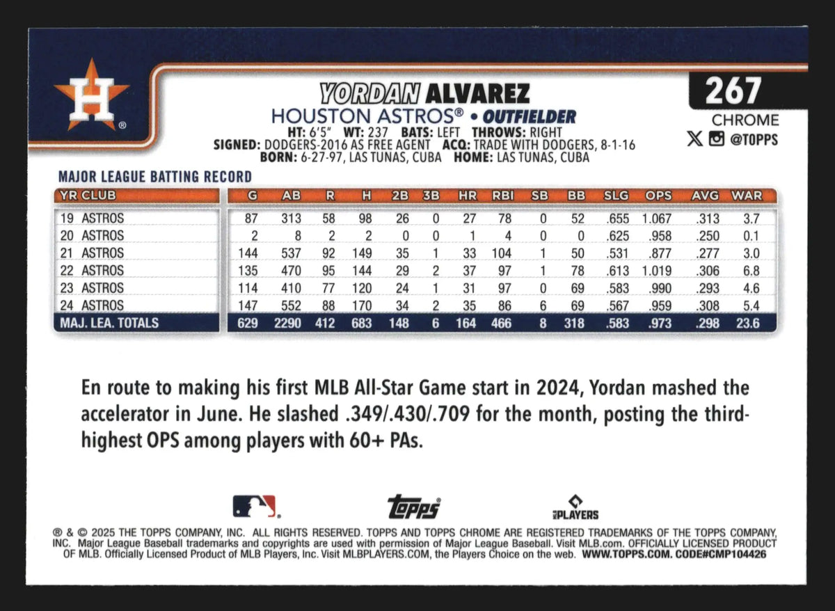 2025 Topps Chrome #267 Yordan Alvarez Prism Refractor - Baseball Card Single