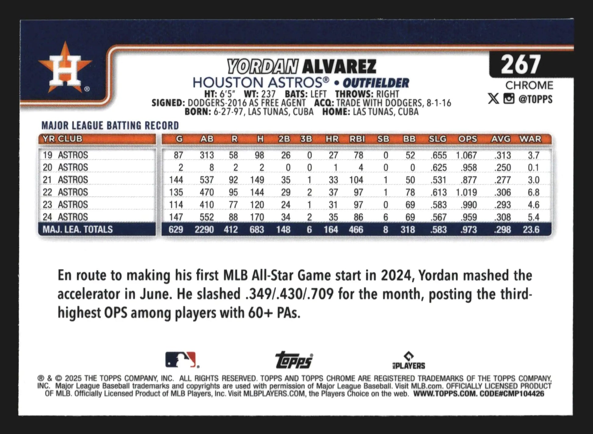 2025 Topps Chrome #267 Yordan Alvarez Prism Refractor - Baseball Card Single