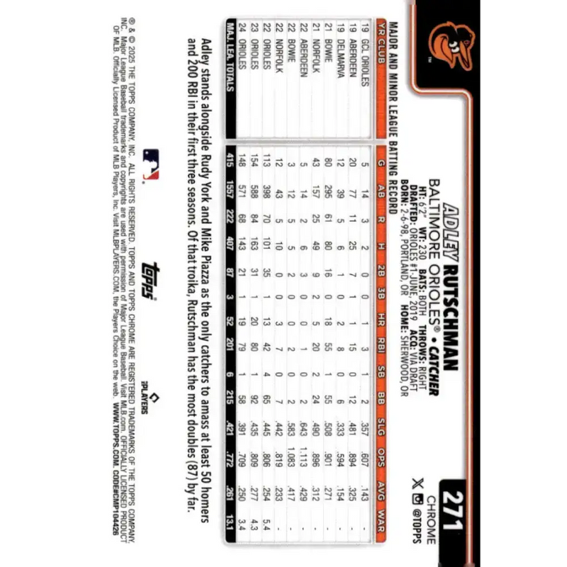 2025 topps Chrome #271 Adley Rutschman NM-MT Baltimore Orioles Baseball Card - Baseball Card Single