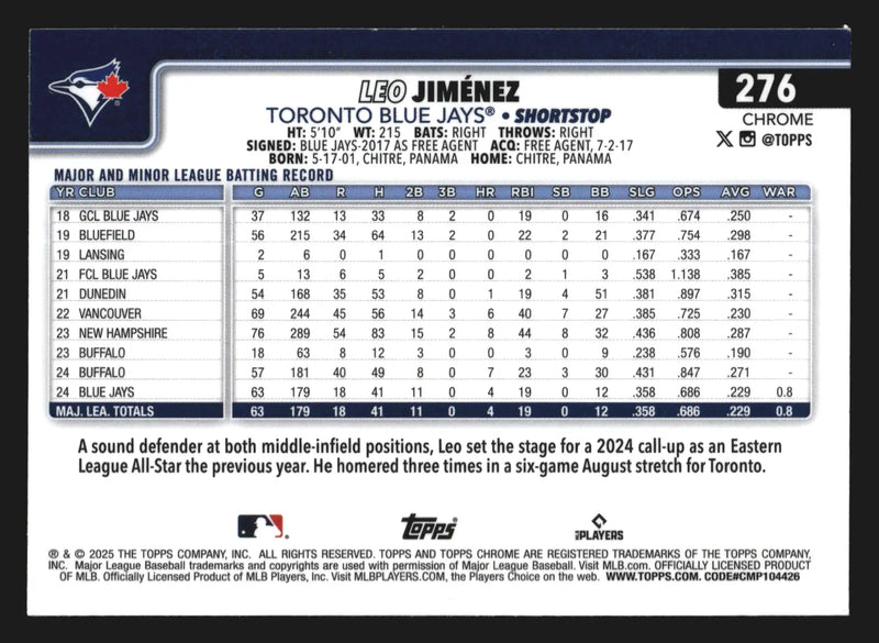2025 Topps Chrome #276 Leo Jimenez Prism Refractor Blue Jays RC
