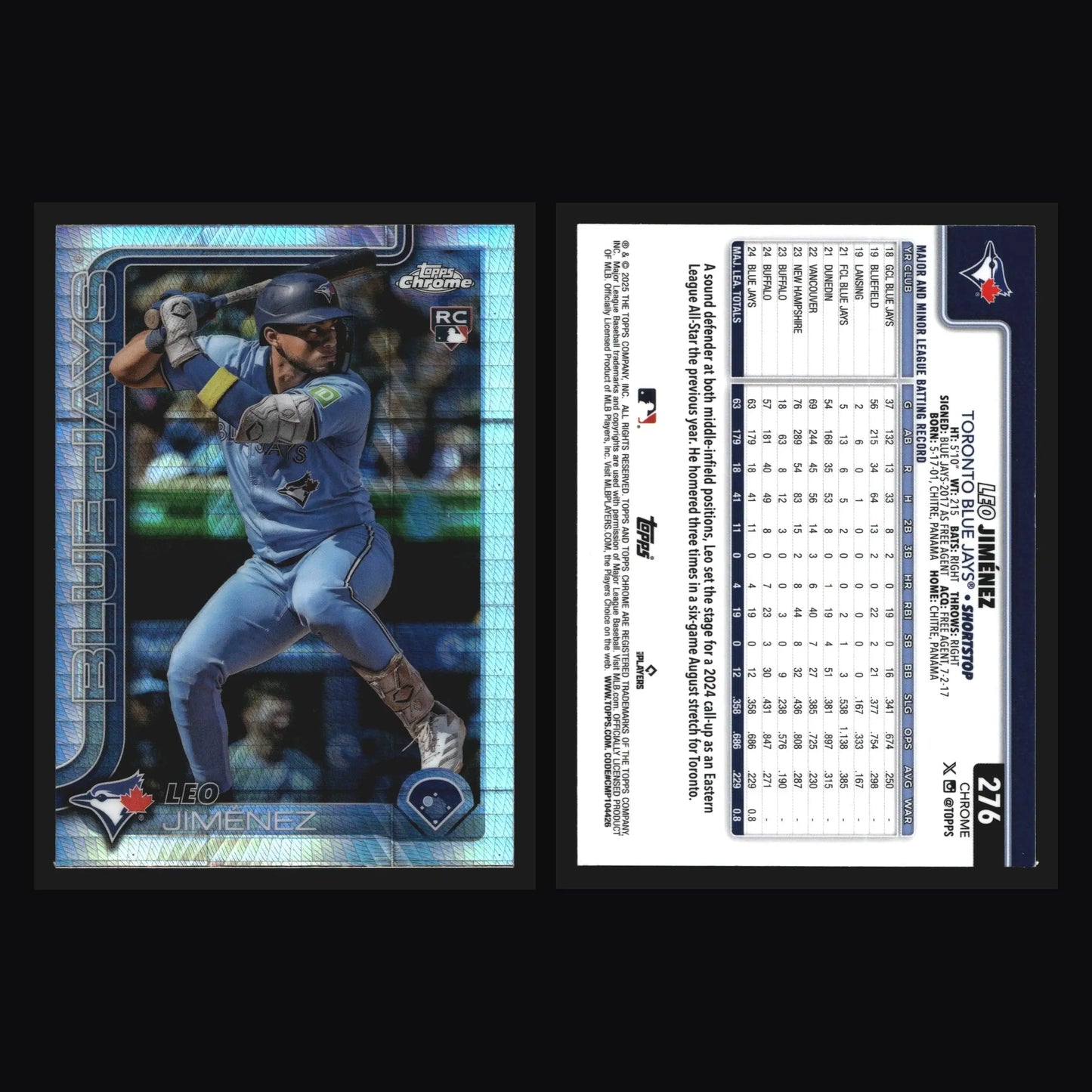 2025 Topps Chrome #276 Leo Jimenez Prism Refractor Blue Jays RC