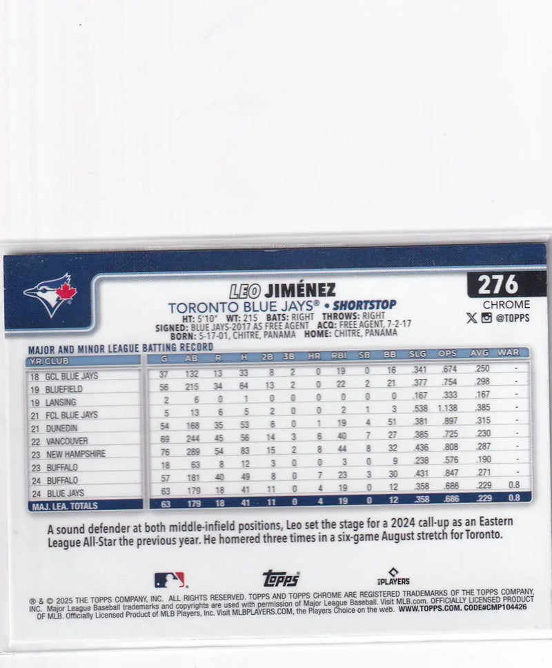 2025 TOPPS CHROME #276 LEO JIMENEZ RAY WAVE- TORONTO BLUE JAYS