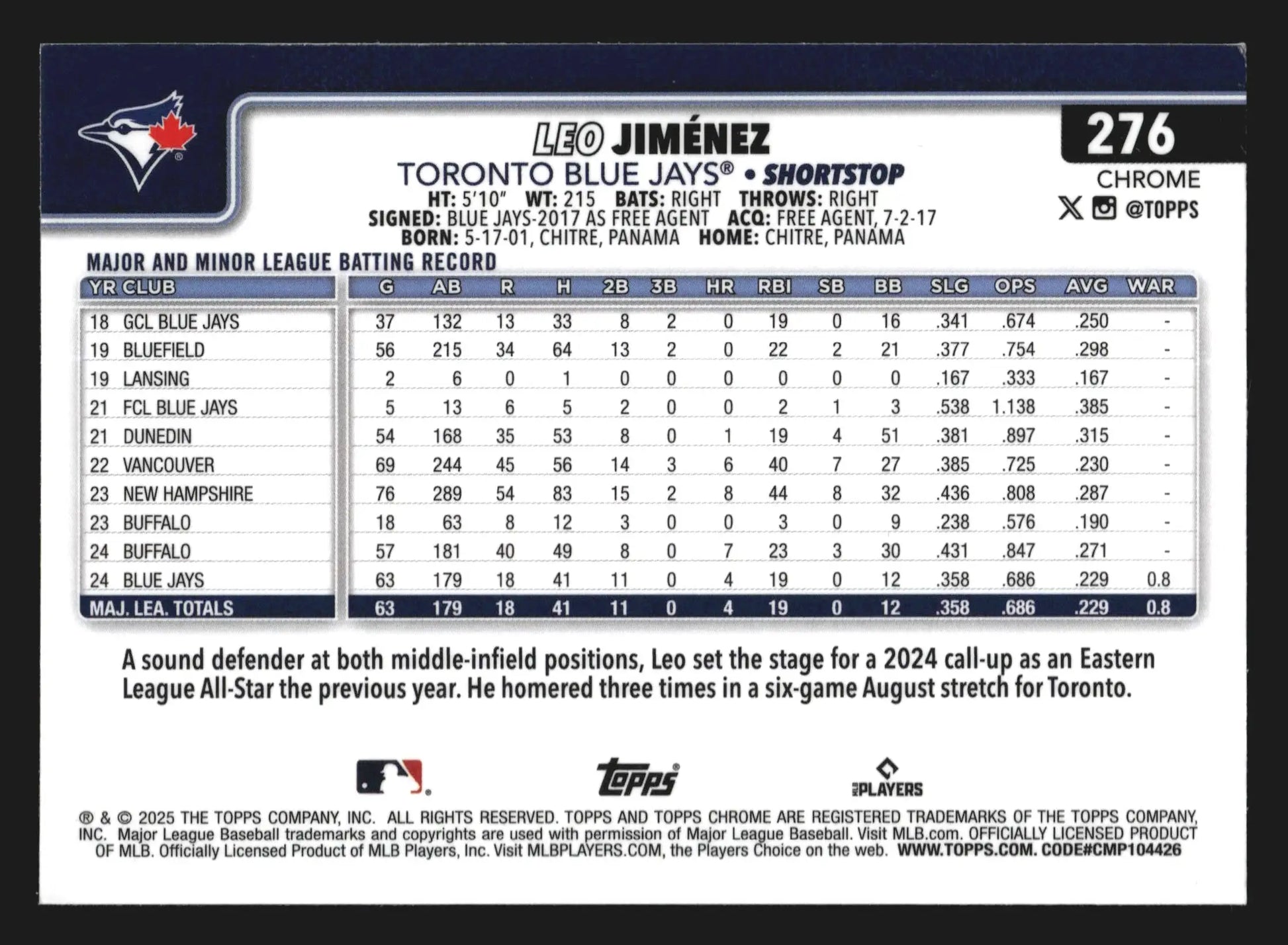 2025 Topps Chrome #276 Leo Jimenez Toronto Blue Jays RC