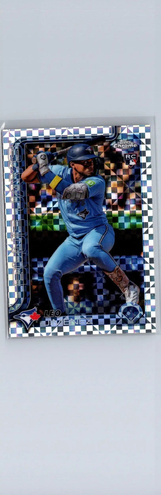 Baseball trading card of Leo Jiménez in blue uniform from 2025 Topps Chrome X-Fractors