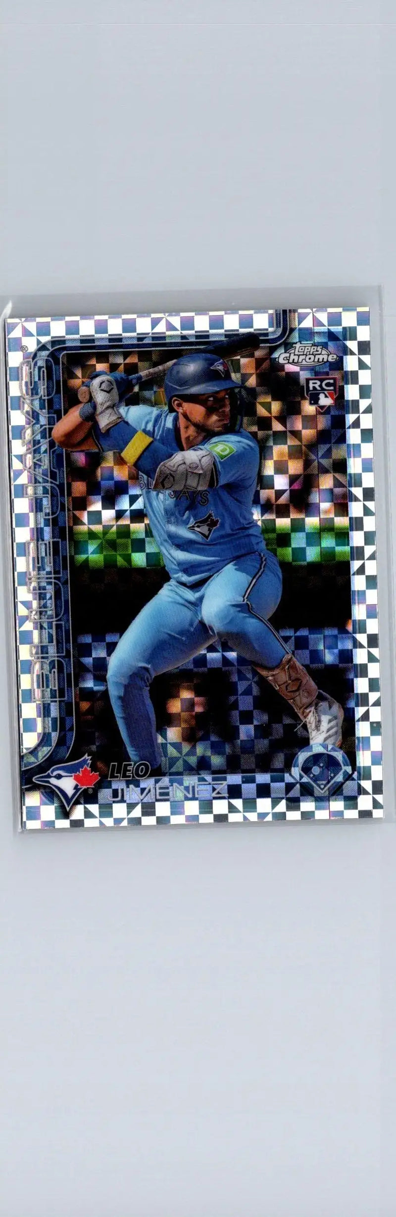 Baseball trading card of Leo Jiménez in blue uniform from 2025 Topps Chrome X-Fractors