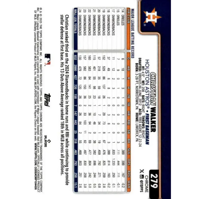 2025 topps Chrome #279 Christian Walker NM-MT Houston Astros Baseball Card - Baseball Card Single