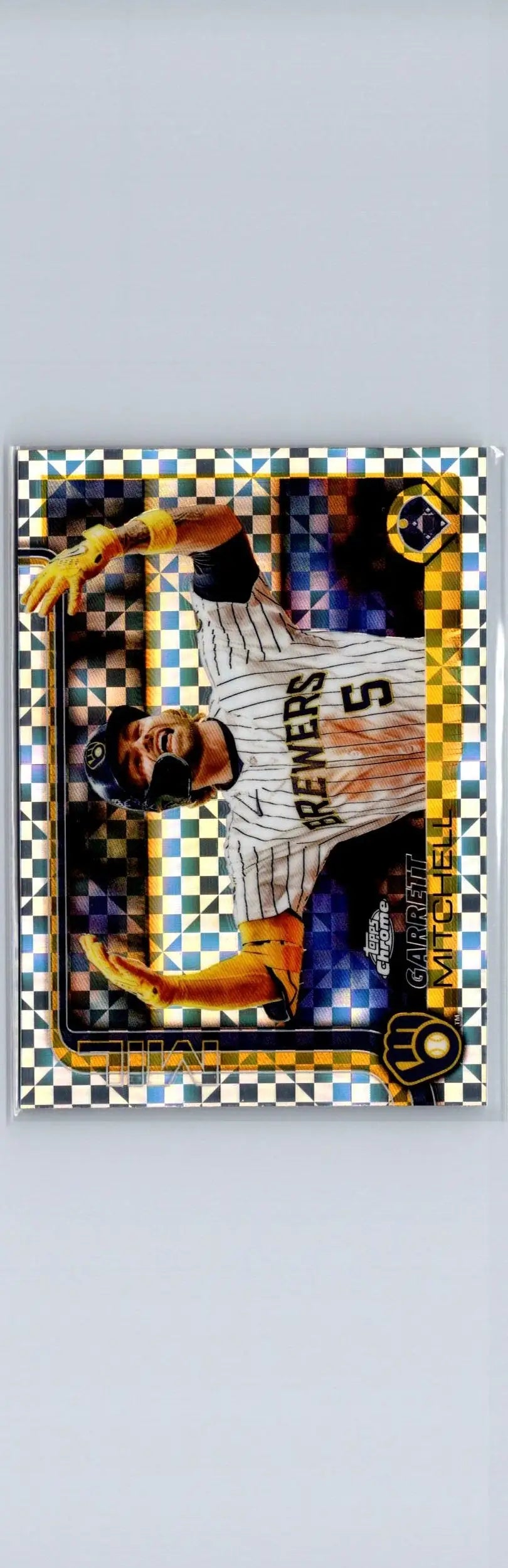 Baseball trading card featuring Garrett Mitchell from Topps Chrome 2025 Milwaukee Brewers