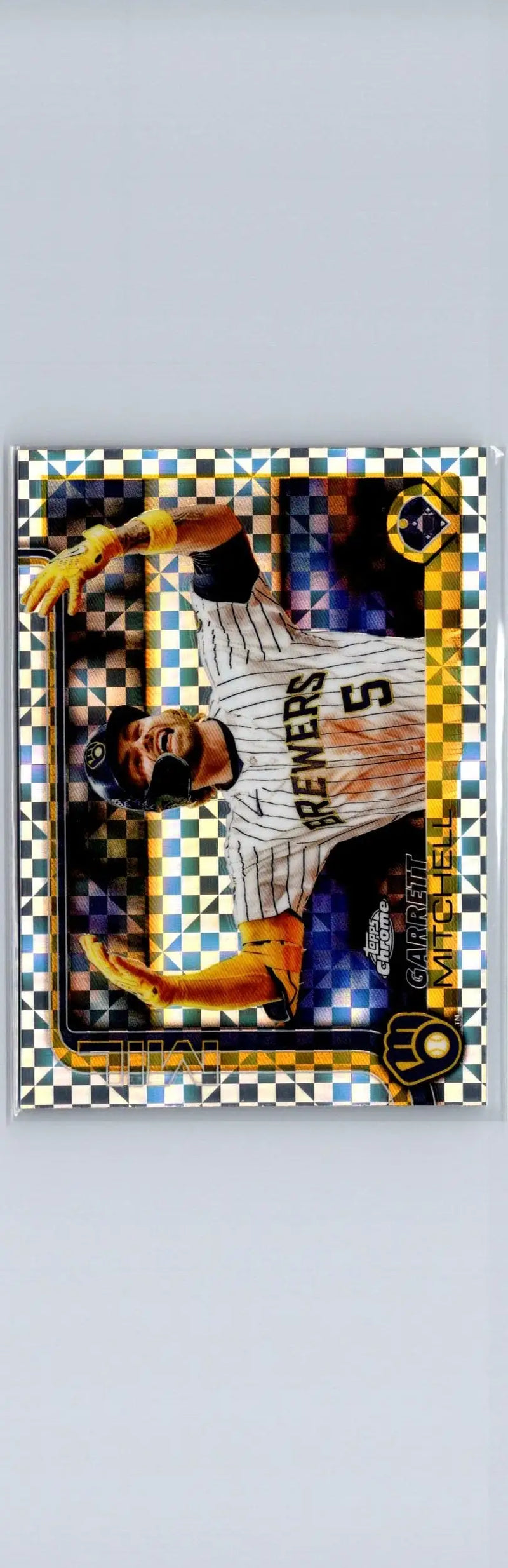 Baseball trading card featuring Garrett Mitchell from Topps Chrome 2025 Milwaukee Brewers