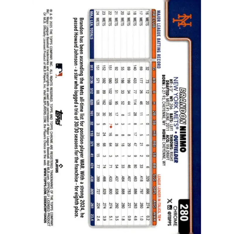 2025 topps Chrome #280 Brandon Nimmo NM-MT New York Mets Baseball Card - Baseball Card Single
