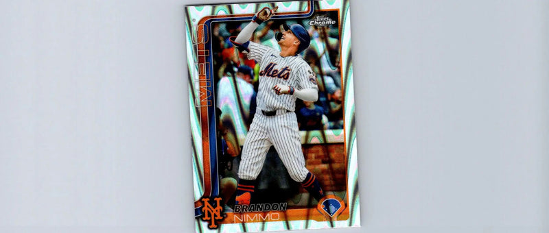 Baseball trading card featuring Brandon Nimmo Raywave refractors from 2025 Topps Chrome