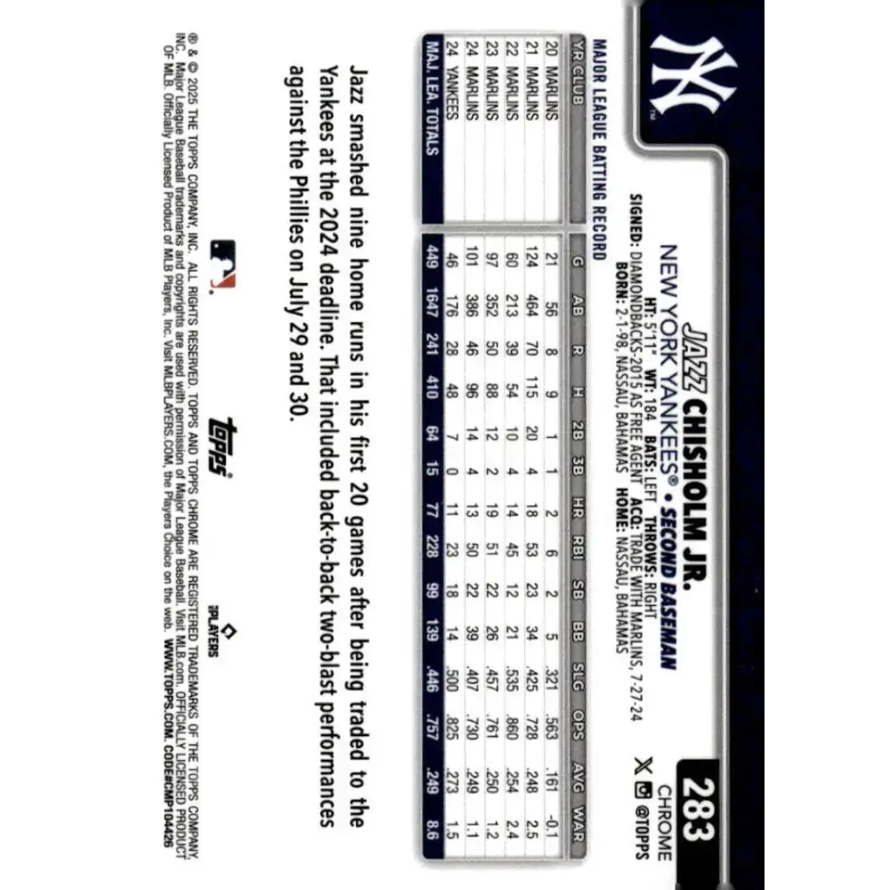 2025 topps Chrome #283 Jazz Chisholm Jr. NM-MT New York Yankees Baseball Card - Baseball Card Single