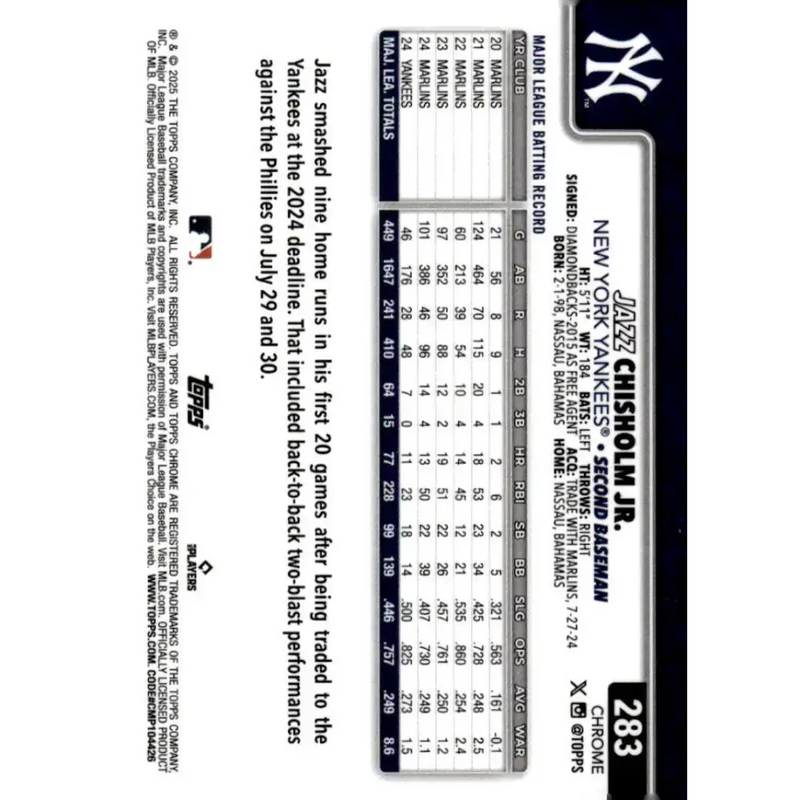 2025 topps Chrome #283 Jazz Chisholm Jr. NM-MT New York Yankees Baseball Card - Baseball Card Single