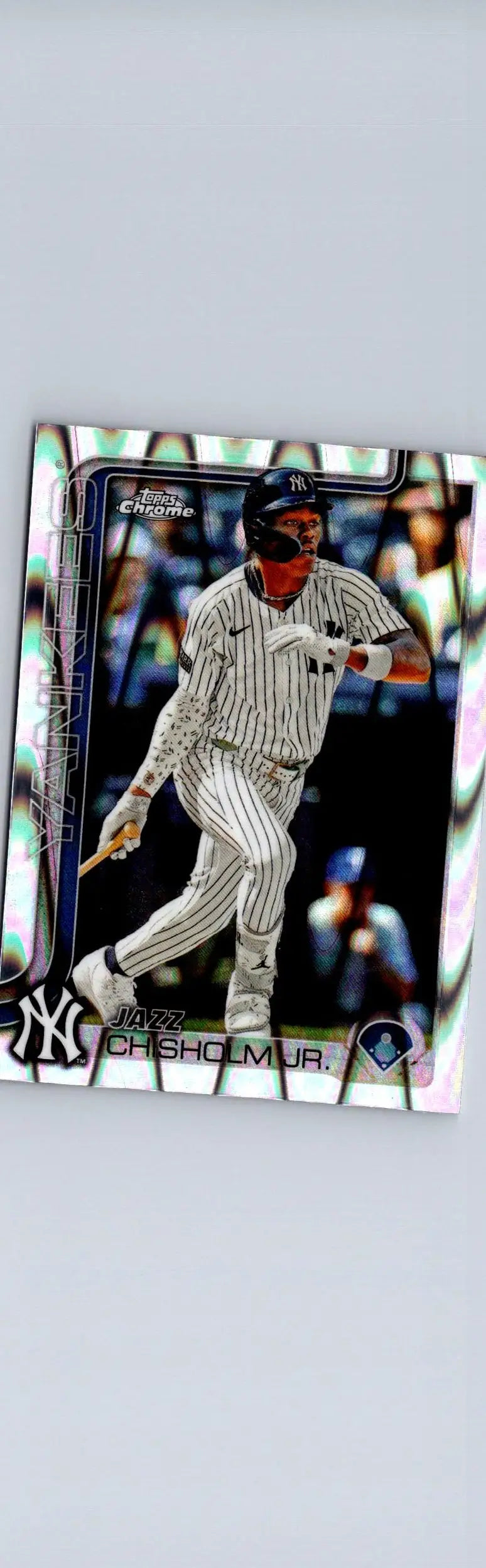 Back of 2025 Topps Chrome Jazz Chisholm Jr Raywave Refractors baseball card with stats