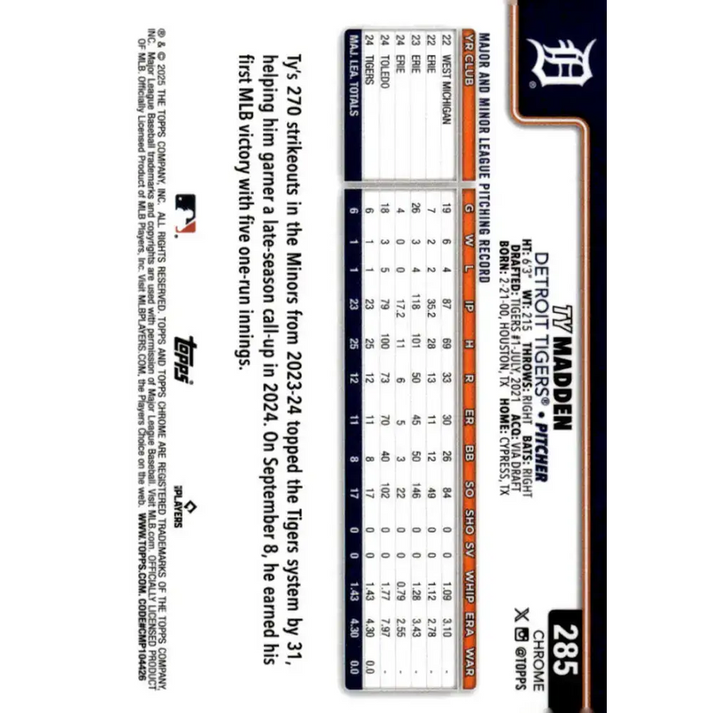 2025 topps Chrome #285 Ty Madden NM-MT RC Rookie Detroit Tigers Baseball Card - Baseball Card Single