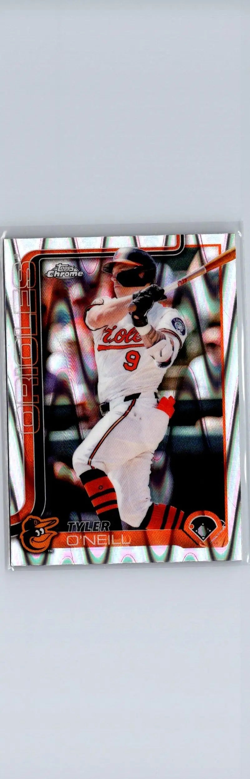 Baseball trading card featuring Tyler O’Neill in white and orange uniform from Topps Chrome Raywave Refractors
