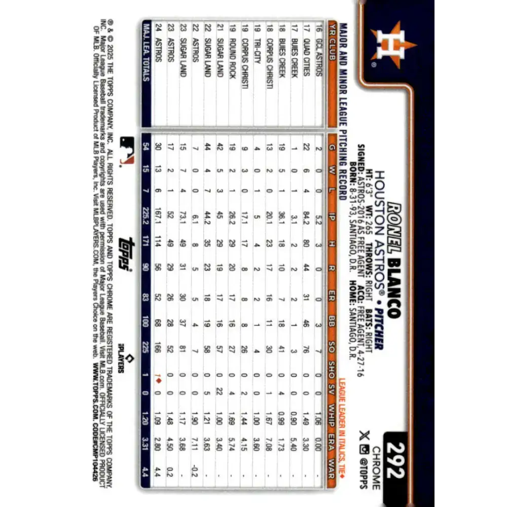 2025 topps Chrome #292 Ronel Blanco NM-MT Houston Astros Baseball Card - Baseball Card Single