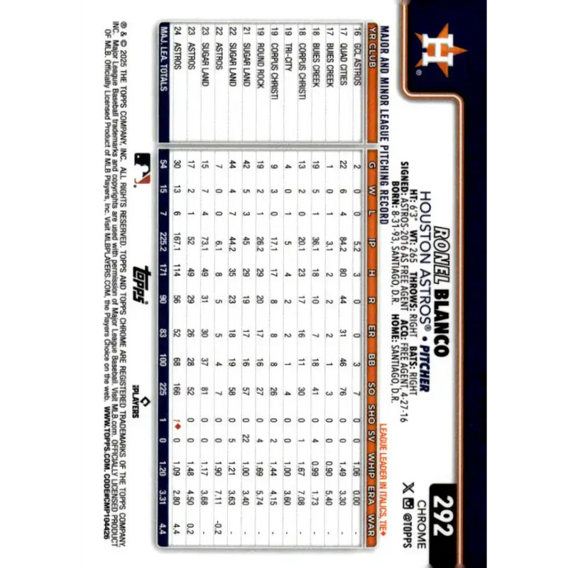 2025 topps Chrome #292 Ronel Blanco NM-MT Houston Astros Baseball Card - Baseball Card Single